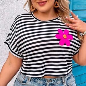 Shrine Striped Black and White Crop Top with Pink Flower 4x